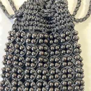 Vtg Black Beaded and Woven Handbag Made in Japan Lined Pocket  (3539)
